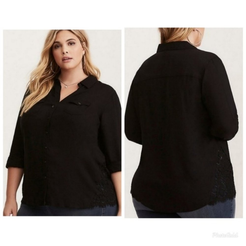 Torrid Black Lace Inset Camp Shirt NWT